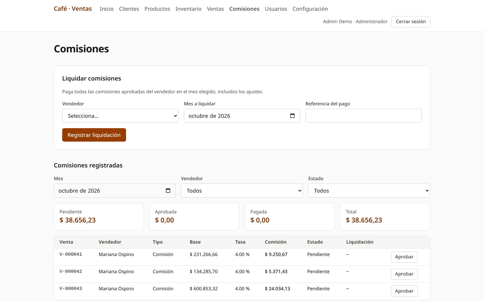 Commissions: approval and payout per sales rep